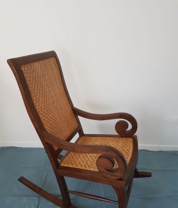 Rocking chair vintage-Bois massif et vannerie