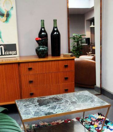 RARE - Table basse vintage marbre vert pieds en laiton dorés