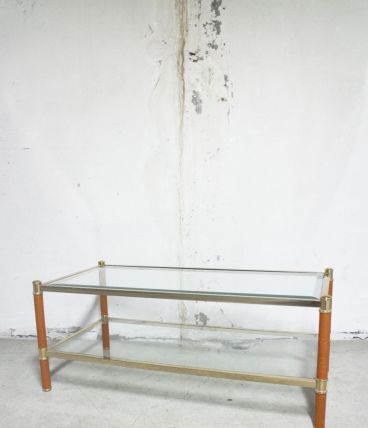 Table basse vintage LANCEL verre &amp; cuir metal doré 