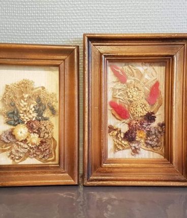 paire de cadres de fleurs séchées vintage des années 60