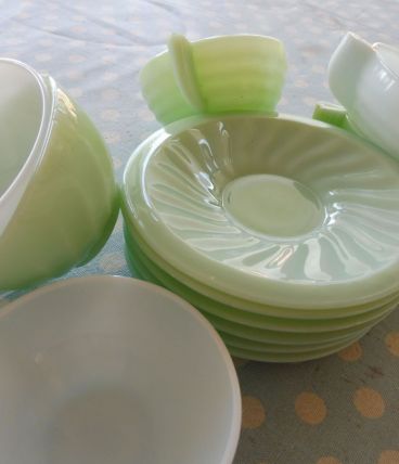 Ensemble de 6 tasses café et soucoupes opaline vert/bleu