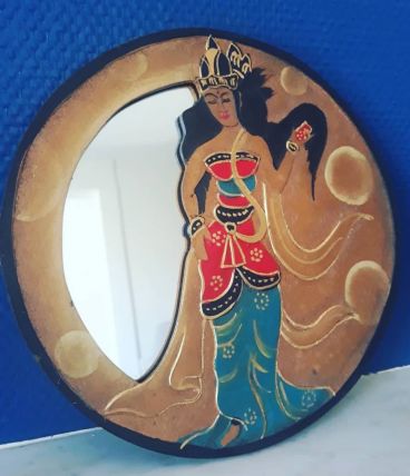 Petit miroir rond asiatique en bois