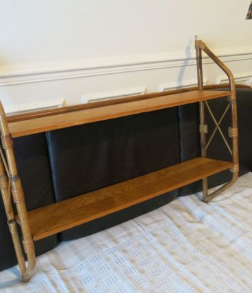 Grande étagère murale double modulable rotin &amp; bois 50s 60s
