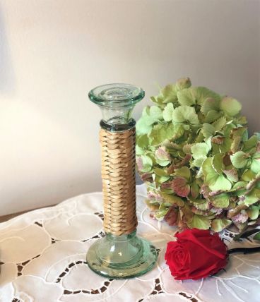 Joli bougeoir en verre et osier paille - Vintage