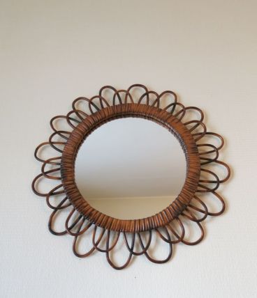 Miroir soleil rond rotin vintage 60s 70s