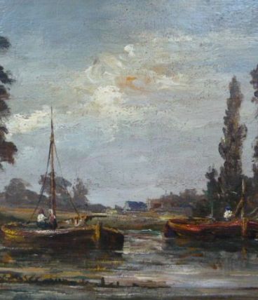 Huile sur bois 42 x 38 cm, bateaux amarrés bord de rivière