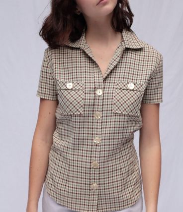 Chemisette cintrée vintage lin à fins carreaux taille 36