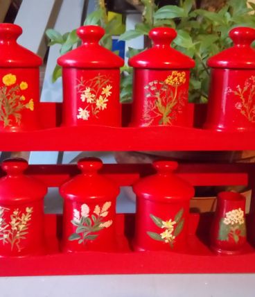 Jolie étagère et ses pots à épices (bois) 