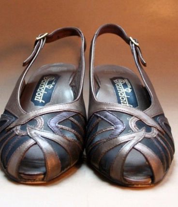 Vintage 80s sandales talons cuir bronze tulle noir abstrait 