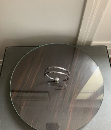 Plateau à fromage vintage en bois, verre et inox années 60