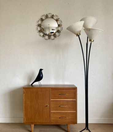 Lampadaire tripode trois feux tôle perforée vintage années50