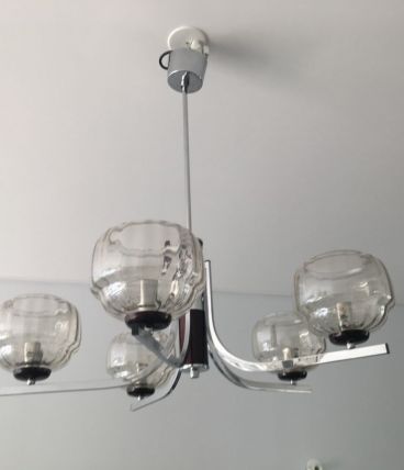 SUSPENSION VINTAGE CHROME ET 5 globes  VERRE 