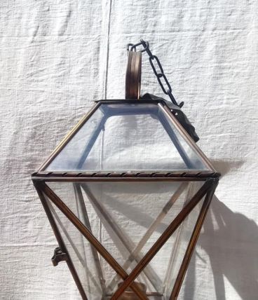 Ancienne suspension lanterne en verre et en laiton 