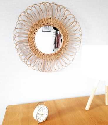 Miroir soleil vintage en osier 