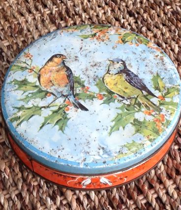 Boite ronde en métal oiseaux vintage