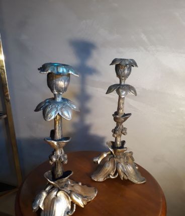   paire de bougeoir en bronze et regule 1900 art nouveau    