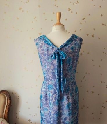 Vintage années 50 robe mousseline fleurie rose bleu blanc L