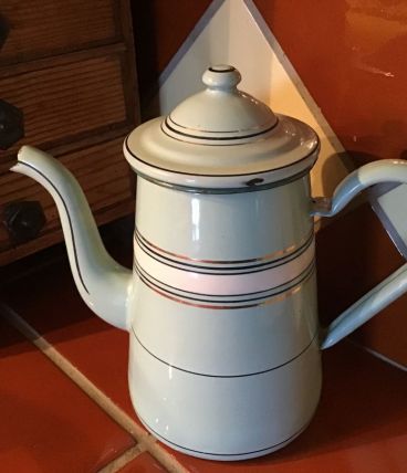 BELLE CAFETIÈRE ÉMAILLÉE  VERTE À RAYURES 