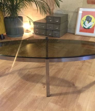 Table basse ovale en chrome et verre - Années 70
