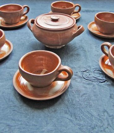 6 Tasses à café Soucoupes Sucrier en Grès Vernissé Vintage