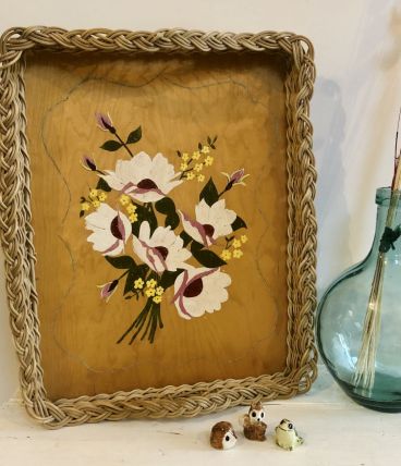 Plateau bois peint et rotin