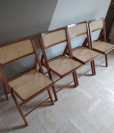 lot de 4 chaises pliantes année 70 bois et cânnage 