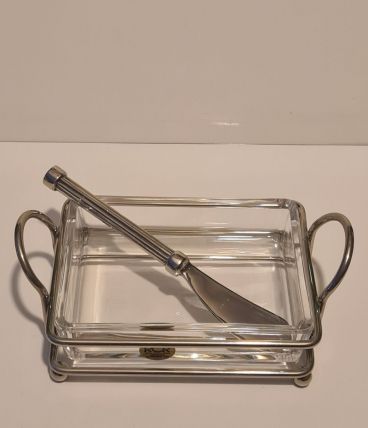 Beurrier cristal et métal argenté avec couteau à beurre