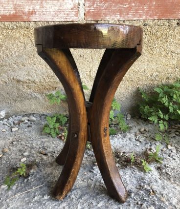 Ancien Tabouret de Traite Pieds Courbés Bois Massif VintagE