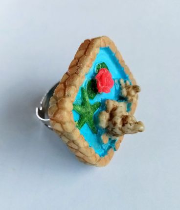 Bague jardin aquatique, lotus rose, étoile de mer