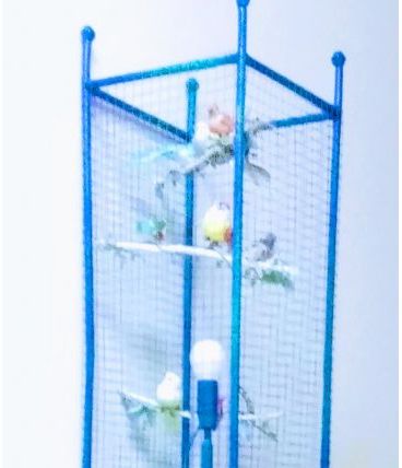 Lampe volière bleue, cage oiseaux, étagères métal