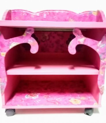 Meuble console à étagères sur roulettes, fuchsia