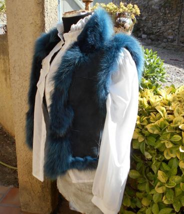 GILET FOURRURE VINTAGE KRYOS QUASI NEUF T 36-38 BLEU MARINE 