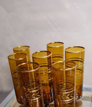 7 verres ambrée et dorure et ciselé 18x5 , 1960
