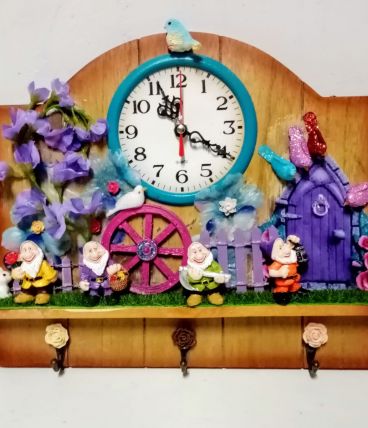 Horloge murale et porte-clés vintage en bois, kitsch