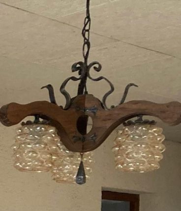 lustre 3 branches bois metal et berre