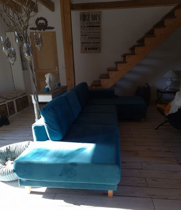 Canapé  velours d angle gauche fixe bleu canard