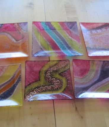 6 assiettes en verre peinte main décor unique   