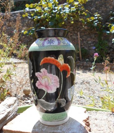 VASE ART NOUVEAU ART DECO NOIR FLEURS TBE