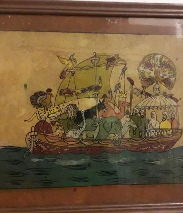 Peinture sur verre inversé arche de Noé encadrée