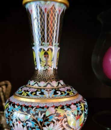 Vase "cloisonné" chinoistrès chic  avec socle bois
