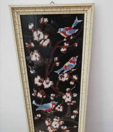 Ancien canevas tapisserie décor oiseaux 