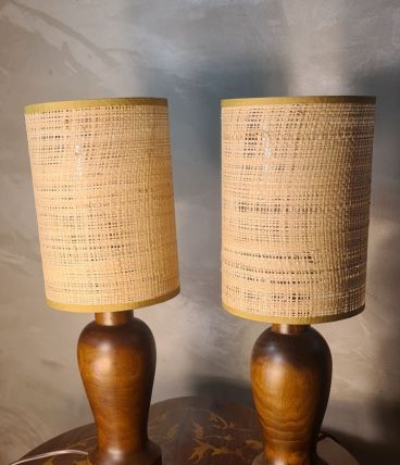 paire de lampe bois scandinave abat jour paille 41x15