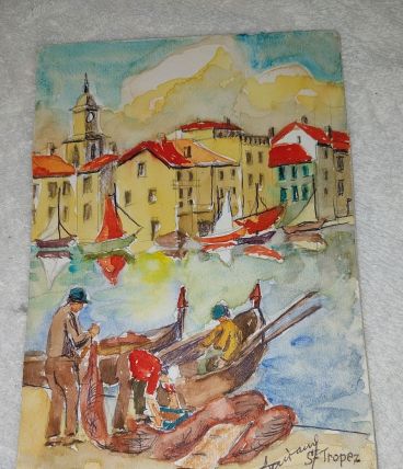 Aquarelle sur papier St Tropez Cote d'Azur 1977 signé à enca