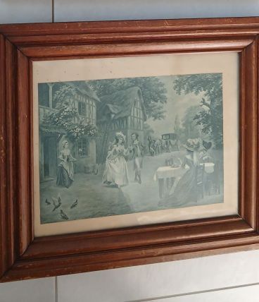 Cadre bois vernis avec verre et gravure couleur