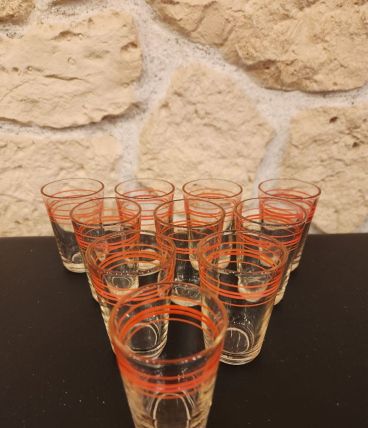 Lot de 10 verres vintage lignes rouges
