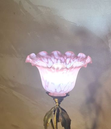 Lampe fer forgé patine bronze 1920 a 40 jolie tulipe pate de