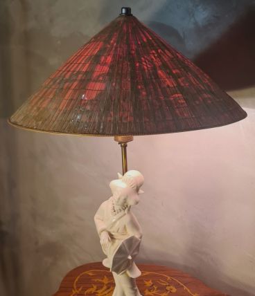  lampe geisha porcelaine blanche 1950  abat jour paille de r
