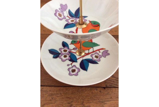 Double présentoir gâteaux vintage motif oiseaux
