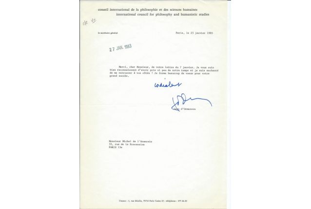 Lettre autographe signée de Jean d'Ormesson 1983