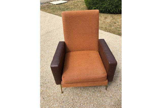 Fauteuil Smili cuir marron et tissu - Années 1950-1960